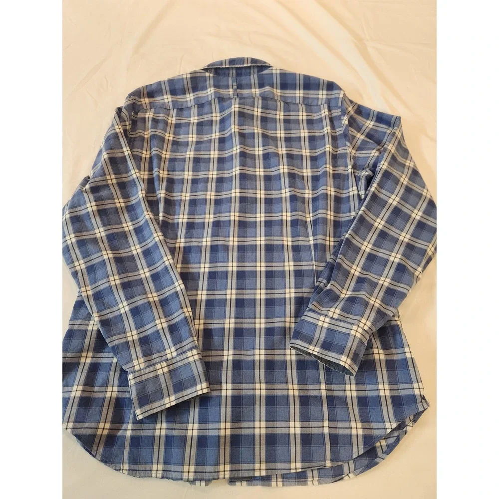 Banana Republic Mens XL Grant Fit Custom Wash Blue Plaid Cotton Button‎ Shirt